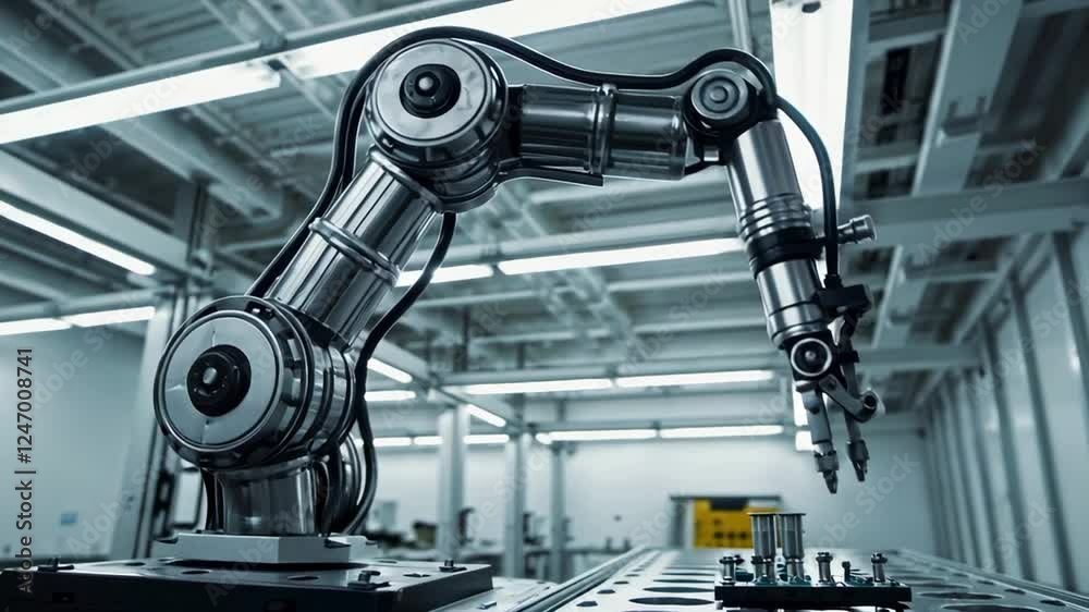 Modern robotic arm executing precise movements in a technologically advanced factory environment, showcasing automation and industrial innovation in slow motion