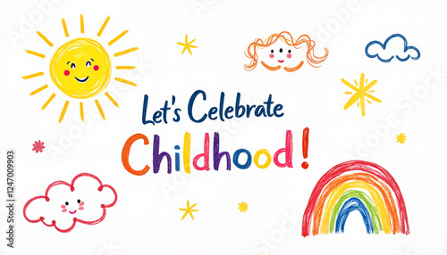 Whimsical crayon doodles celebrating childhood with sunshine and rainbows, joy