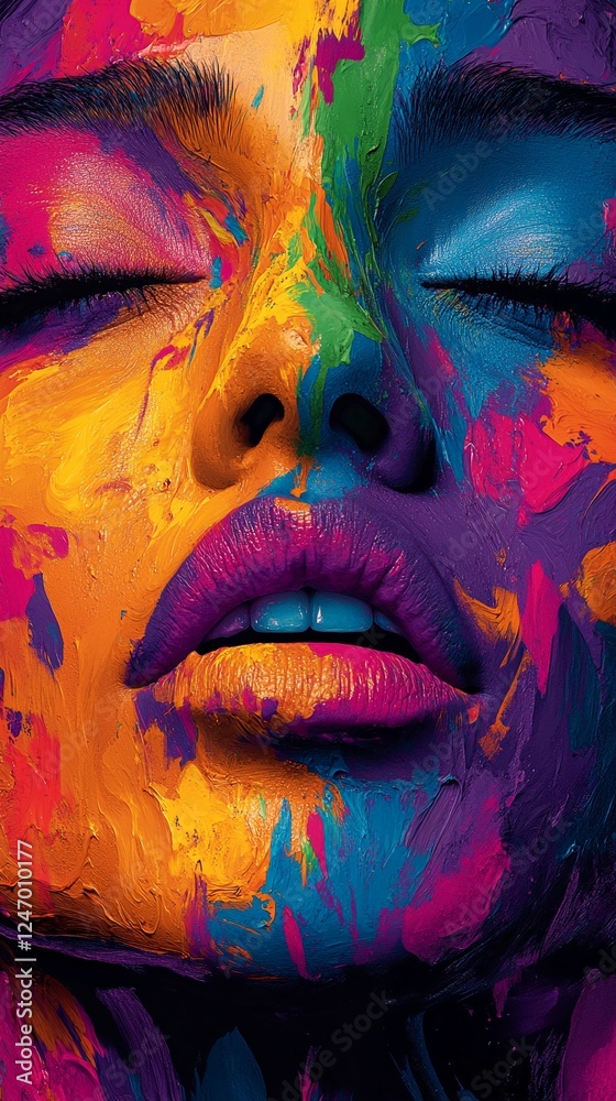 Fototapeta premium Face of a woman with closed eyes and colorful paint splattered all over her face.