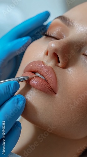 A dental hygienist is administering anesthetic to a patient's mouth. photo