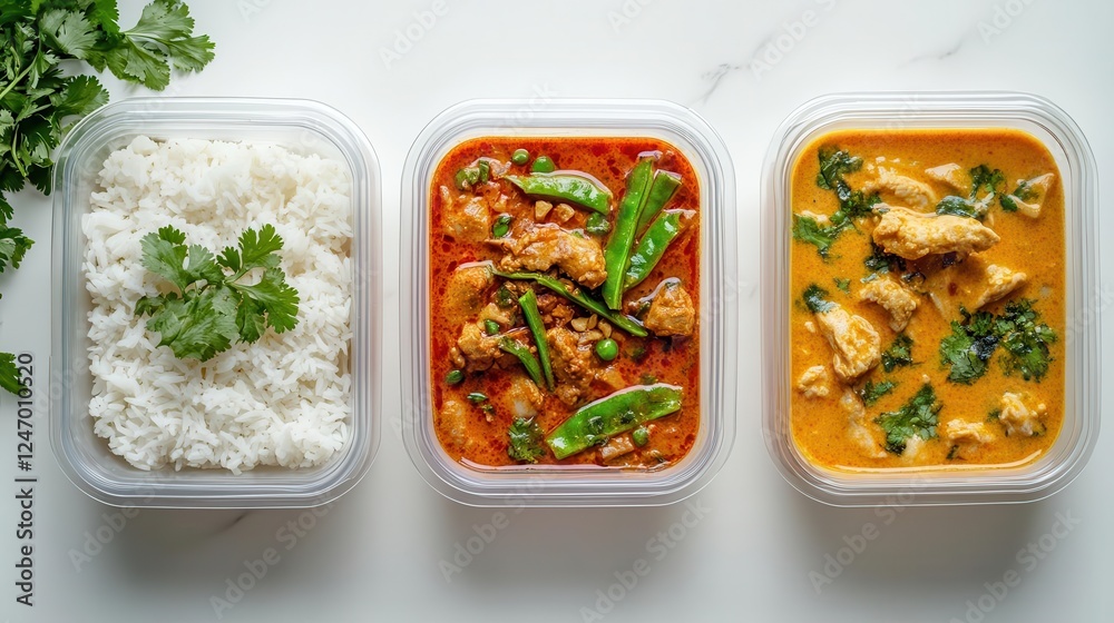 Modern Thai Food Lunch Boxes in Plastic Packages with Fresh Ingredients and Garnishes Modern Thai Food Lunch Boxes in Plastic Packages with Fresh Ingredients and Garnishes
