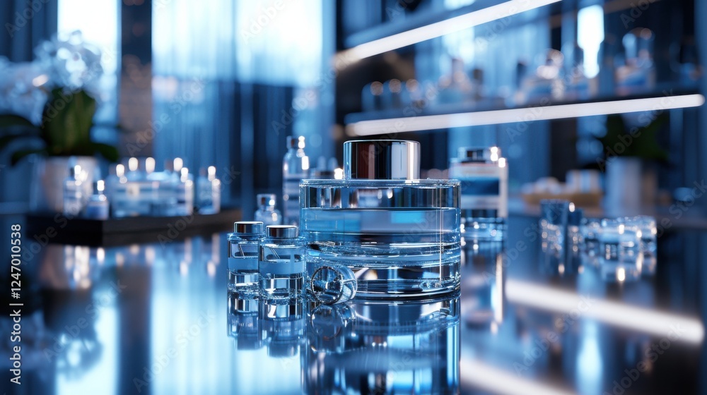 Cosmetic podium display featuring glass flask and cylinder equipment in a modern medical science lab background. 3D rendered, professional and clean Cosmetic podium display featuring glass flask and cylinder equipment in a modern medical science lab background. 3D rendered, professional and clean