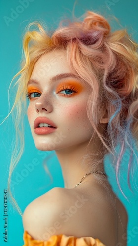 A young woman with blonde hair and orange eyeshadow.