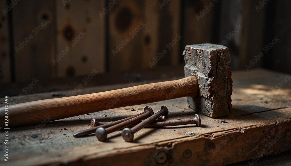 Rusty nails and hammer on wooden plank, symbol of sacrifice Rusty nails and hammer on wooden plank, symbol of sacrifice