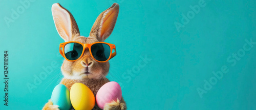 easter holiday greeting card, brown easter bunny with sunglasses and colorful easter eggs, pastell blue background