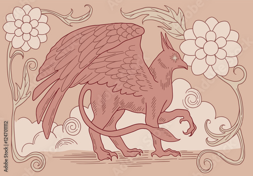illustration in medieval style, mythological creature griffin	