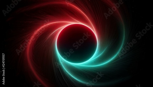 Abstract background red teal green glowing abstract grainy circle shape on black backdrop, copy space