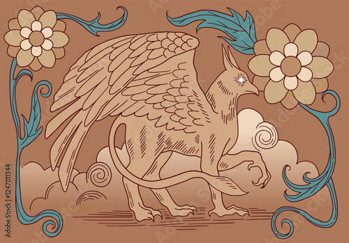 illustration in medieval style, mythological creature griffin