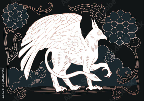 illustration in medieval style, mythological creature griffin