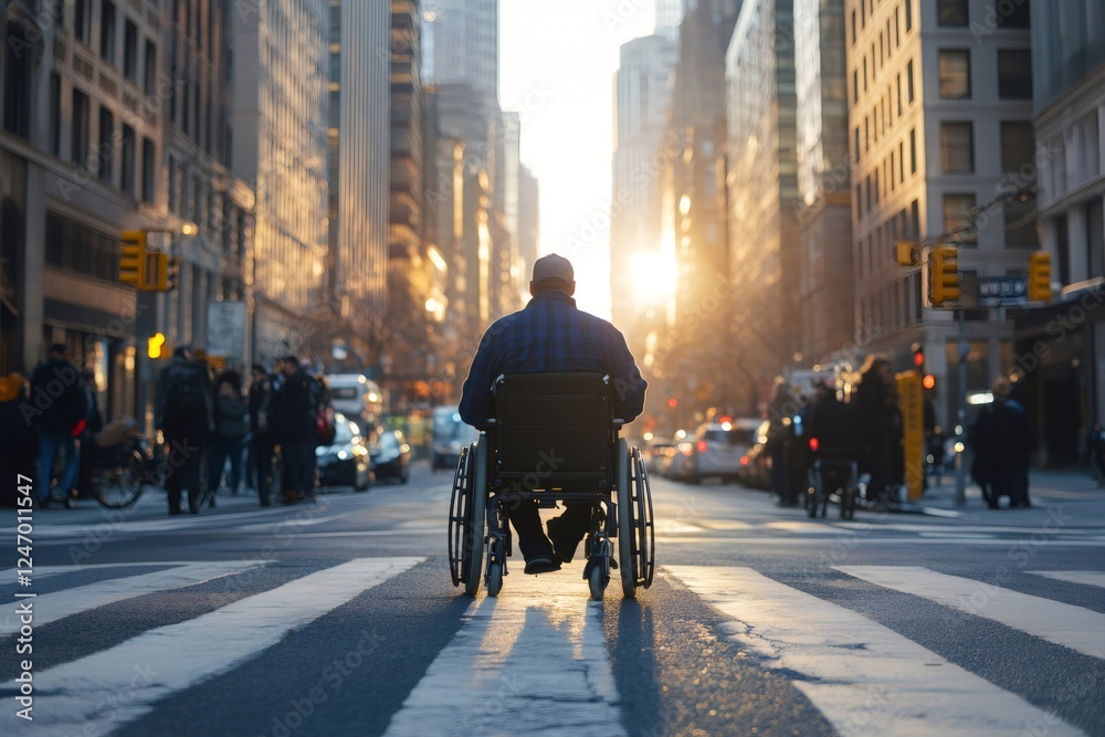 Man in wheelchair crossing the street in new york city at sunset