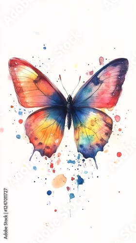 A watercolor painting of a multicolored butterfly with splatters on white.