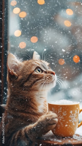 A cat sitting by a window with snow falling outside and a cup of coffee next to it. photo