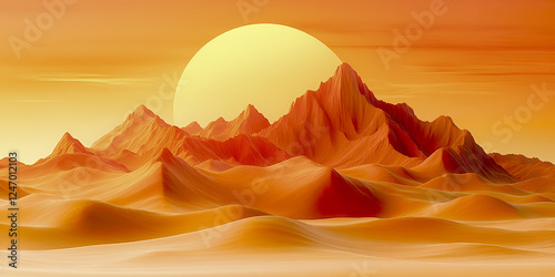 surreal yellow toned 3D desert with glowing sand dunes and large sun