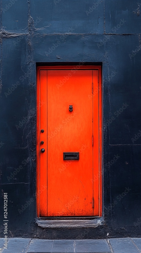 A door that looks like it belongs to a post office is set into a dark blue wall. A door that looks like it belongs to a post office is set into a dark blue wall.