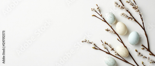 easter holiday greeting card, branch of a tree and pastell colored easter eggs isolated on white background