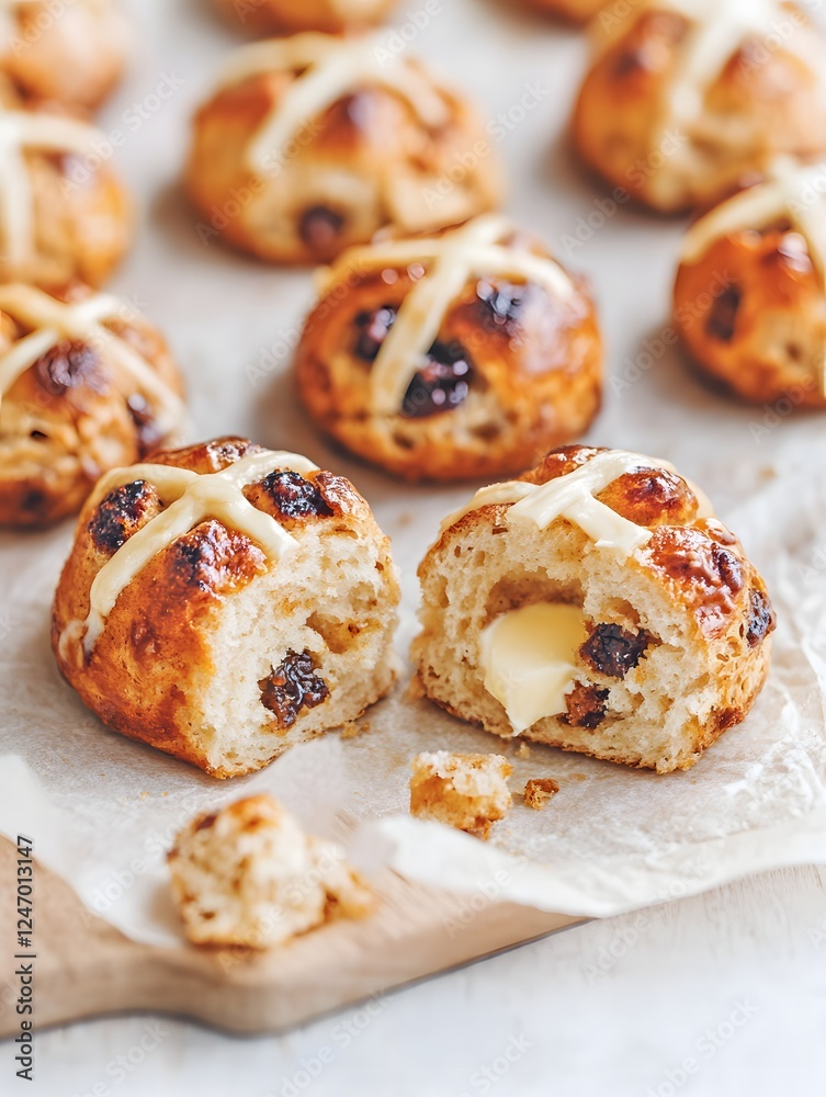 Hot Cross Buns with Butter: A close-up shot of several golden-brown hot cross buns, one split open revealing a pat of melting butter. The buns are arranged on a rustic wooden board. Hot Cross Buns with Butter: A close-up shot of several golden-brown hot cross buns, one split open revealing a pat of melting butter. The buns are arranged on a rustic wooden board.