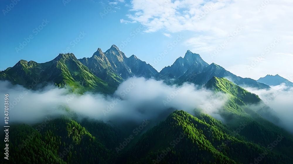 Fototapeta premium Misty Green Mountains Under a Blue Sky