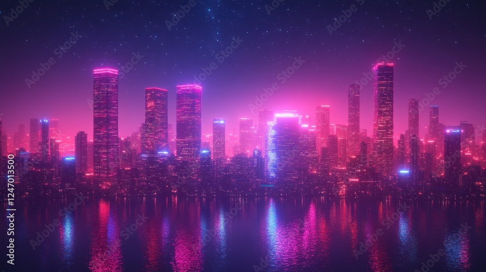 Fototapeta premium Neon Cityscape Night Reflection, Cyberpunk