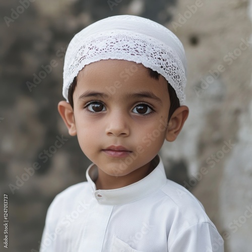 Young boy in traditional clothing, neutral background, portrait. Possible use stock photography photo