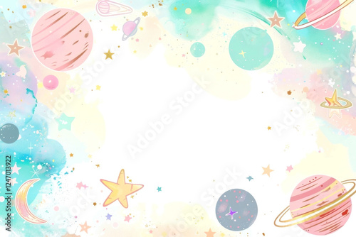 Colorful cosmic fantasy with pastel planets and stars, creating a dreamy space escape photo