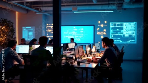 Modern Workspace With Collaboration On Data Projects With Displays And Team Members Collaborating On Data Analysis Projects  In A Dimly Lit Office