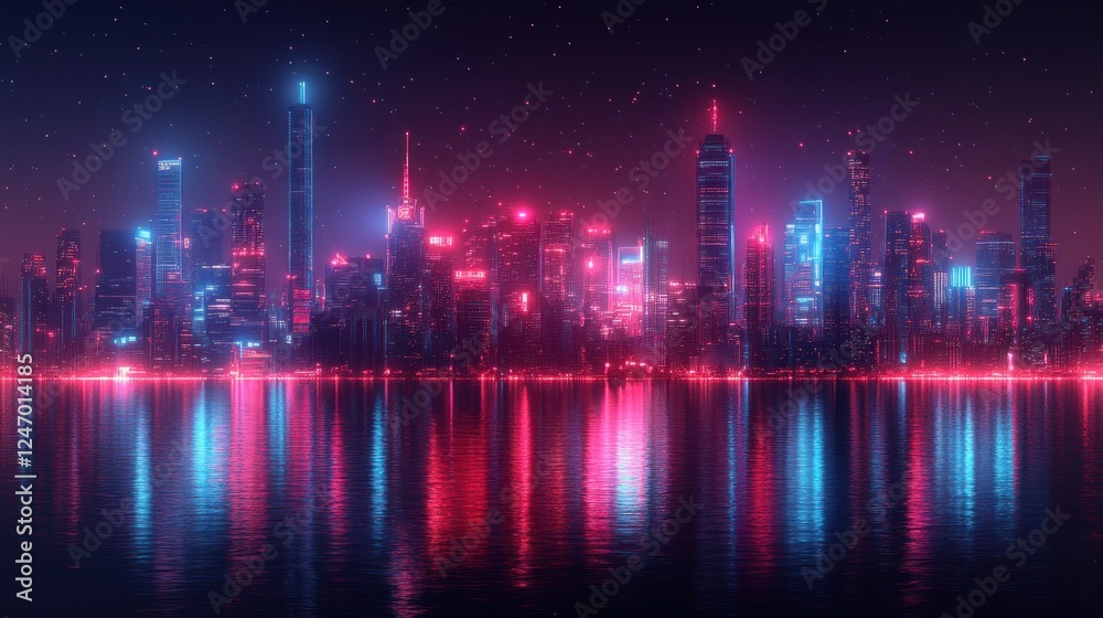 Neon Cityscape Night Reflection, Futuristic Skyline