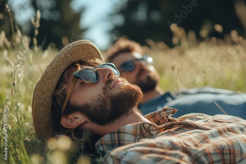 Farmers relaxing in the grass enjoying summer holidays photo