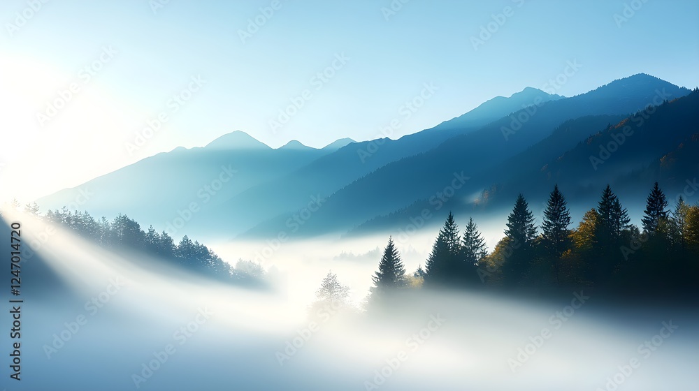Obraz premium Misty Mountain Sunrise Landscape Blue
