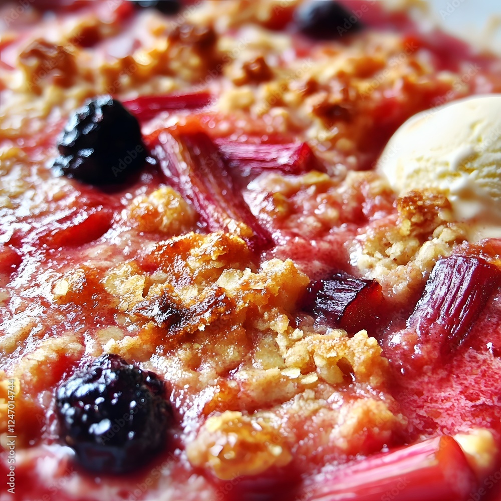 Rhubarb and Blackberry Crumble with Ice Cream: A close-up shot of a delicious rhubarb and blackberry crumble topped with a generous helping of creamy vanilla ice cream. The golden crumble topping. Rhubarb and Blackberry Crumble with Ice Cream: A close-up shot of a delicious rhubarb and blackberry crumble topped with a generous helping of creamy vanilla ice cream. The golden crumble topping.