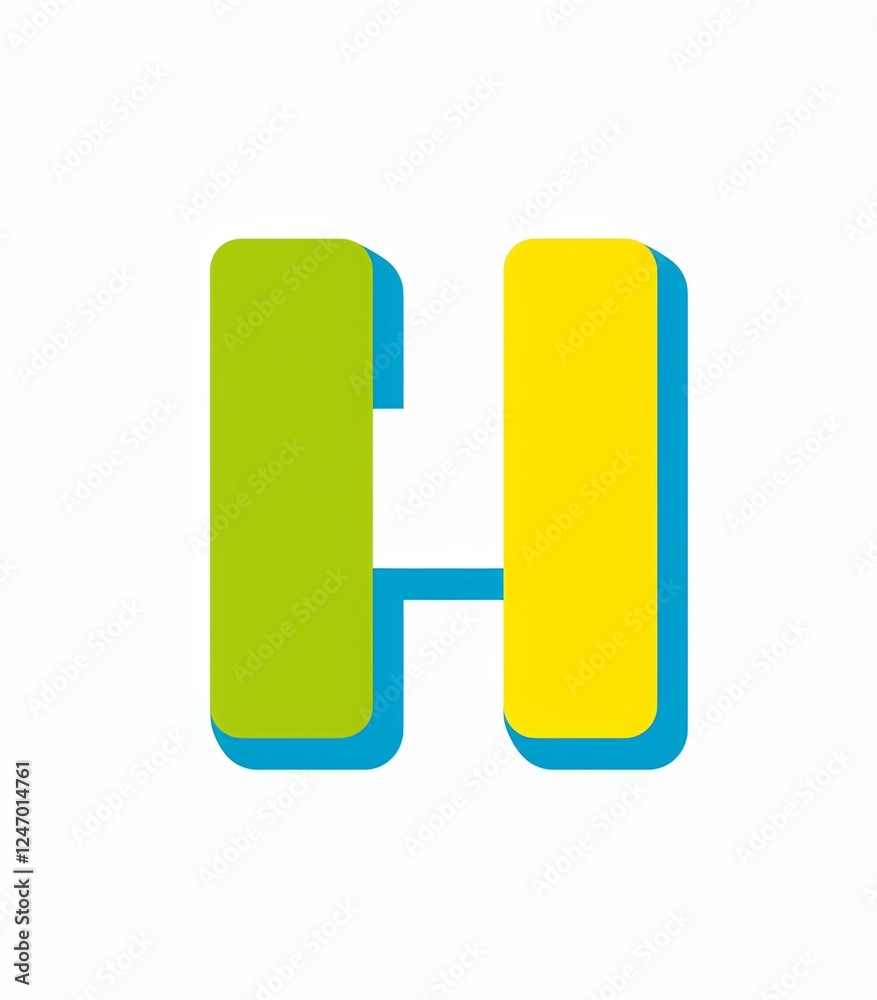 the letter 'H' filled in yellow with a green outline, surrounded by a small blue box the letter 'H' filled in yellow with a green outline, surrounded by a small blue box