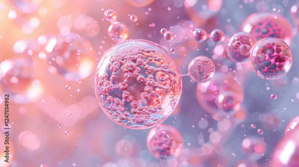 High-detail 3D rendering of a molecule within a liquid bubble, floating in a cosmetic essence, with a DNA water splash background. Captivating and vibrant High-detail 3D rendering of a molecule within a liquid bubble, floating in a cosmetic essence, with a DNA water splash background. Captivating and vibrant