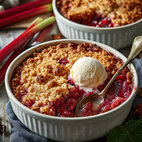 Rhubarb Crumble with Vanilla Ice Cream: A rustic, delicious-looking rhubarb crumble, warm from the oven, is topped with a generous scoop of creamy vanilla ice cream, ready to be enjoyed.