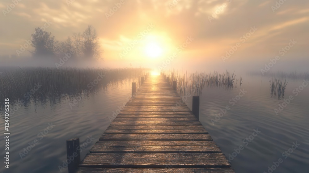 Fototapeta premium Relaxing Morning at the Lake Pier During Sunrise with Calm Waters and Golden Light