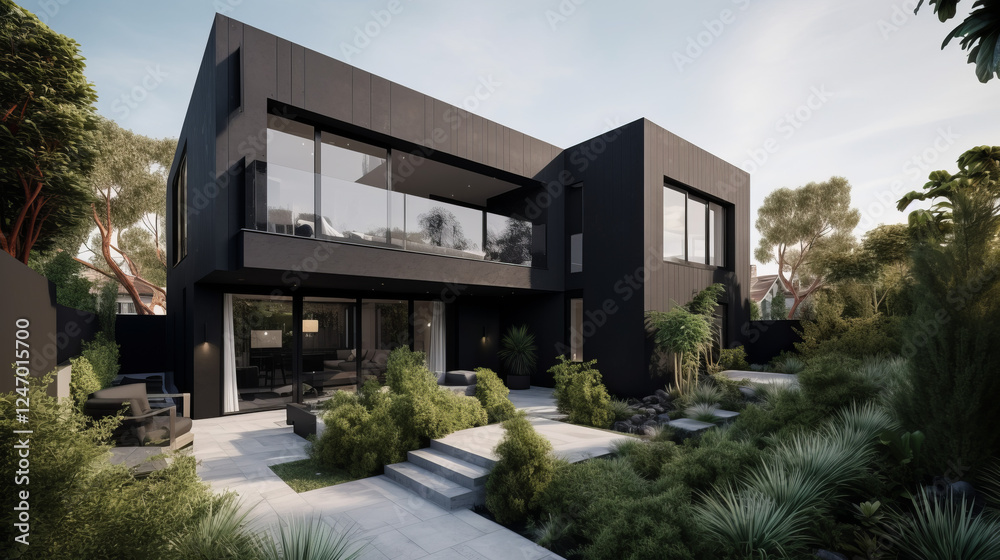 Fototapeta premium A contemporary urban home with sharp architectural lines, black and white contrast siding, 