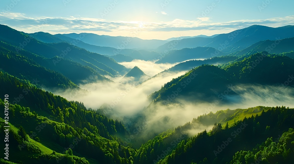 Fototapeta premium Misty Sunrise Mountain Valley Landscape