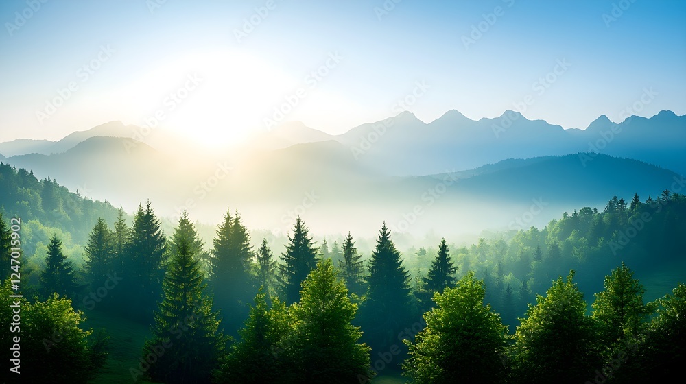 Fototapeta premium Misty Sunrise Over Green Mountains