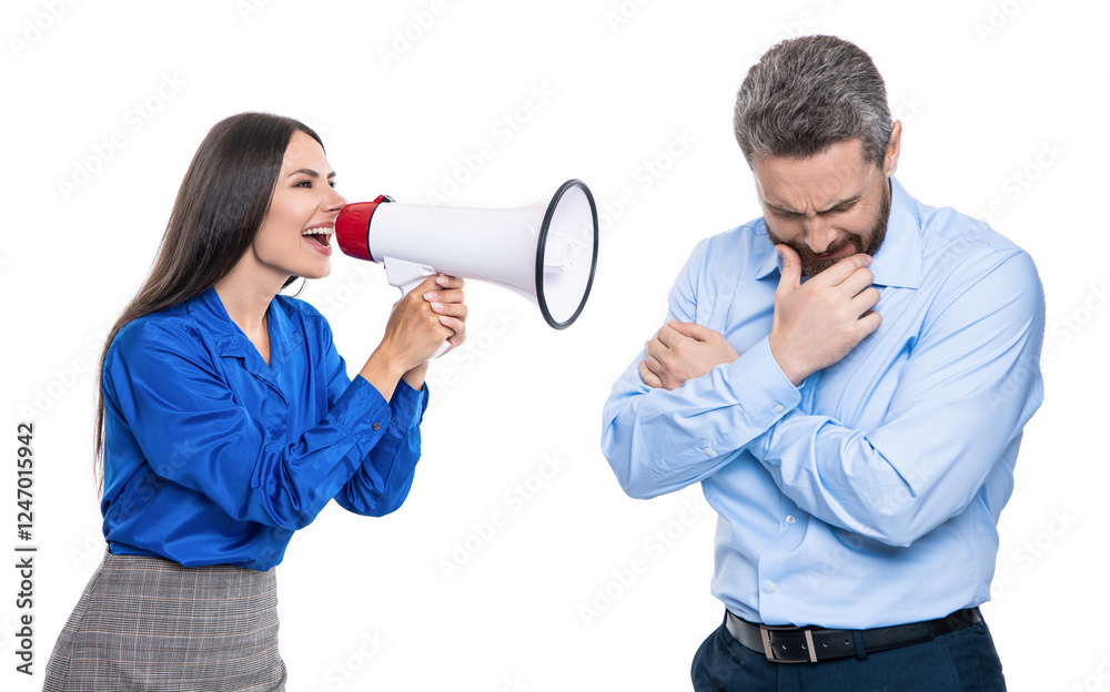 businesswoman shouting on employee in loudspeaker isolated on white. business boss has conflict with partner about promotion. solving conflict. rivalry concept. business conflict. big problem businesswoman shouting on employee in loudspeaker isolated on white. business boss has conflict with partner about promotion. solving conflict. rivalry concept. business conflict. big problem