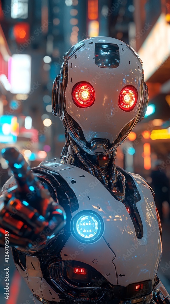 A robot with glowing eyes stands amidst a bustling cityscape at night. A robot with glowing eyes stands amidst a bustling cityscape at night.