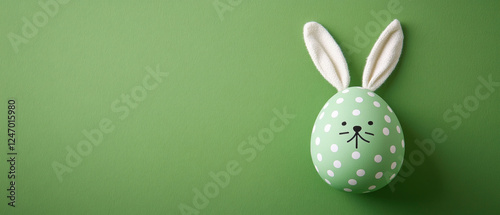 easter, holiday greeting card, pastel green easter egg with bunny face and ears, pastel green background