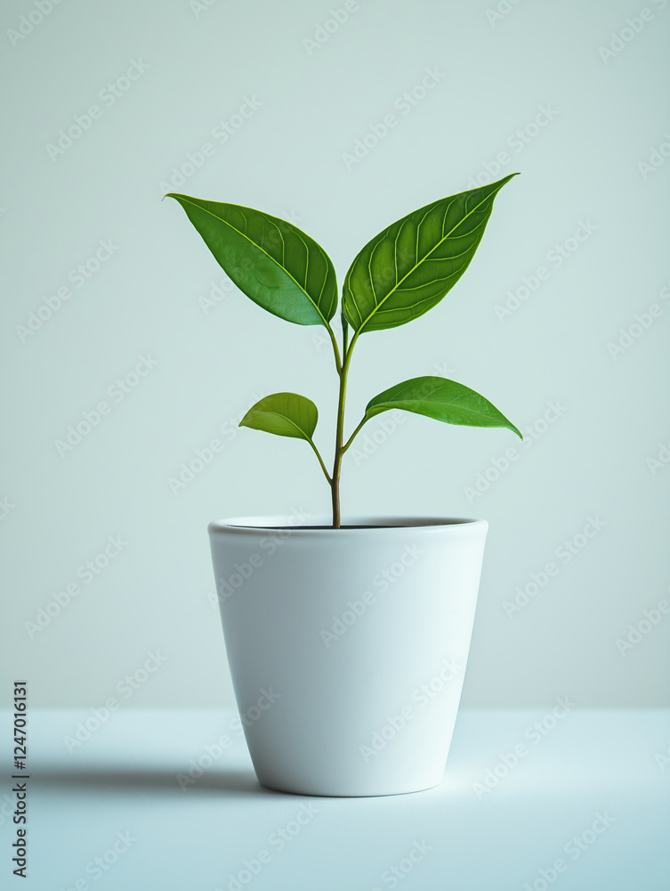 Vibrant green leaves plant white pot against soft light blurred background Vibrant green leaves plant white pot against soft light blurred background