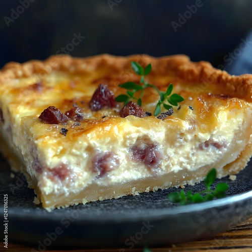 A Slice of Creamy Bacon Quiche: A delectable slice of quiche Lorraine, showcasing its creamy egg custard, crispy pastry crust, and savory bacon bits, garnished with fresh thyme. photo