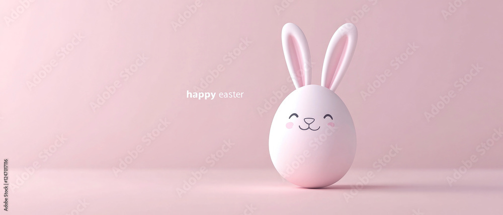 Fototapeta premium easter holiday, greeting card, easter egg with bunny face and ears, pastel pink background, text 