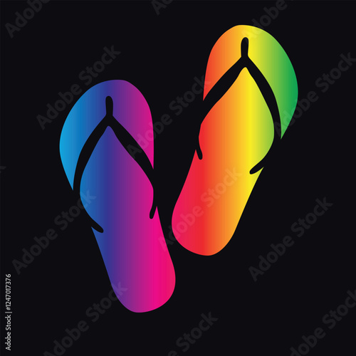 flip flops vector illustration, vibrant rainbow colour flip-flop beach shoes isolated on black background