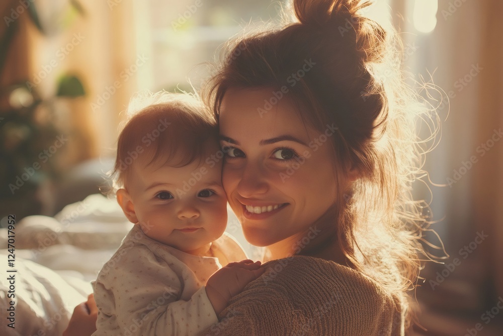 Happy mother holding and smiling at her baby daughter at home Happy mother holding and smiling at her baby daughter at home