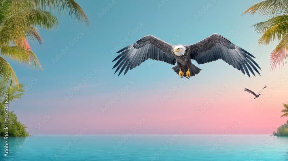 Naklejka premium Majestic Eagle Takes Flight Over Tranquil Water - A majestic eagle soaring above calm waters, framed by palm trees against a beautiful gradient sky symbolizing freedom, nature, serenity, power
