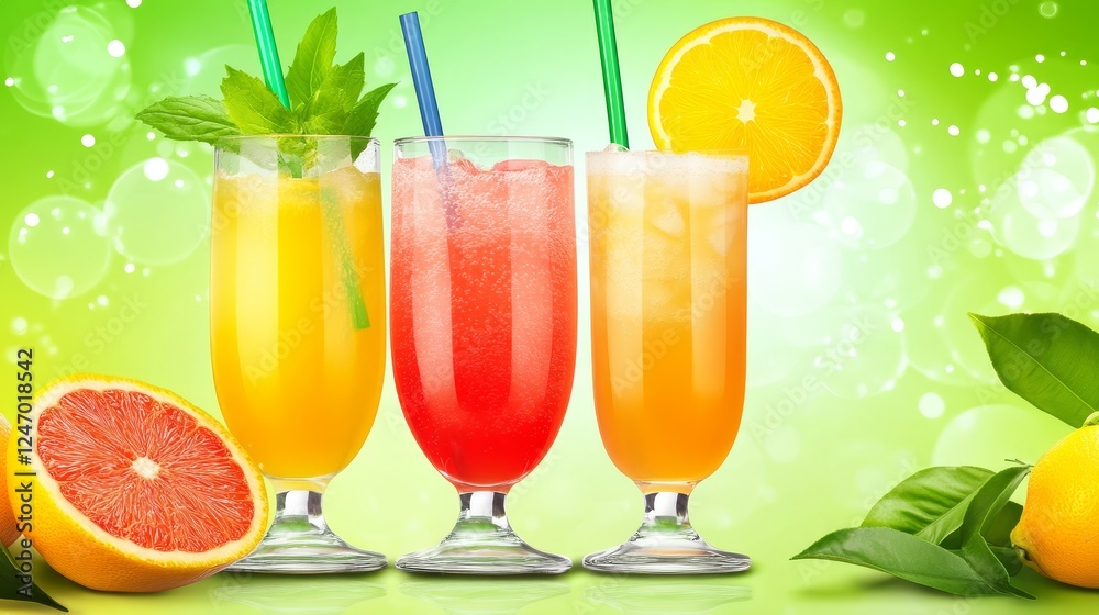 Fototapeta premium Refreshing Citrus Drinks with Fresh Green Background - Delight in vibrant citrus drinks featuring fresh ingredients, perfect for summer. Enjoy the colorful presentation and invigorating flavors.