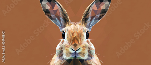 easter holiday greeting card, easter bunny with colorful brown polygons and triangles, brown background 