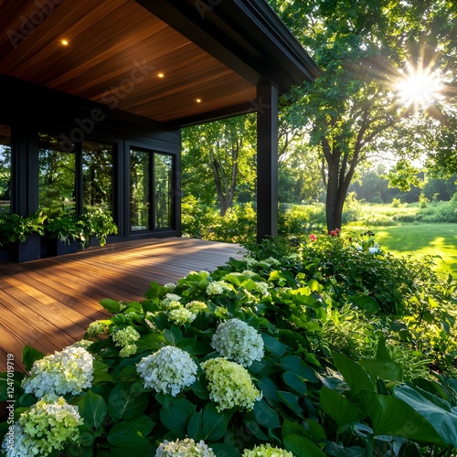 Modern Deck Design with Hydrangeas and Sunlight