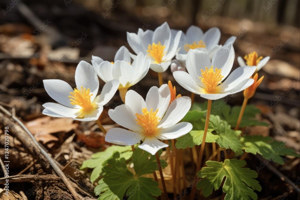 Beauty of Bloodroot Wildflower Blooming in Spring - Botanical Blossom of Forest and Garden with Pollen (3:2 ratio)