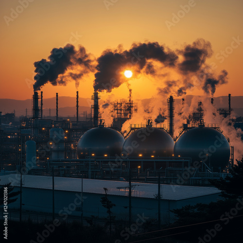 Liquefied natural gas storage facility at sunset with emissions